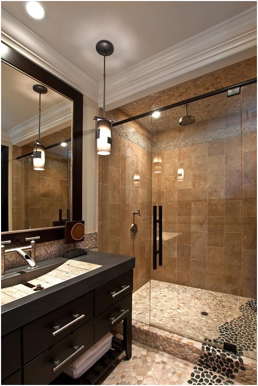 Tan-&-Black-Pebble-Tile-Shower-and-Bathroom-Flooring